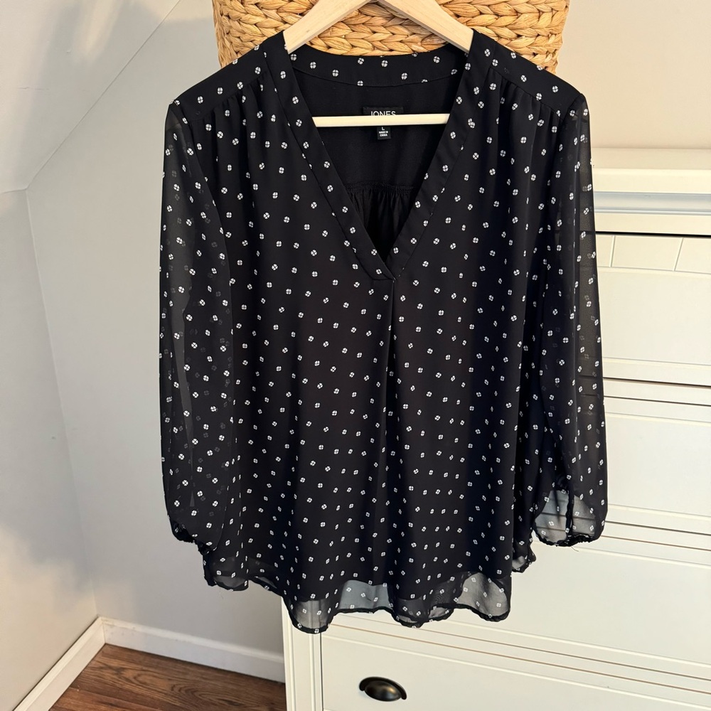 Jones New York V Neck 3/4 Sleeve Printed Black Blouse Women’s Large